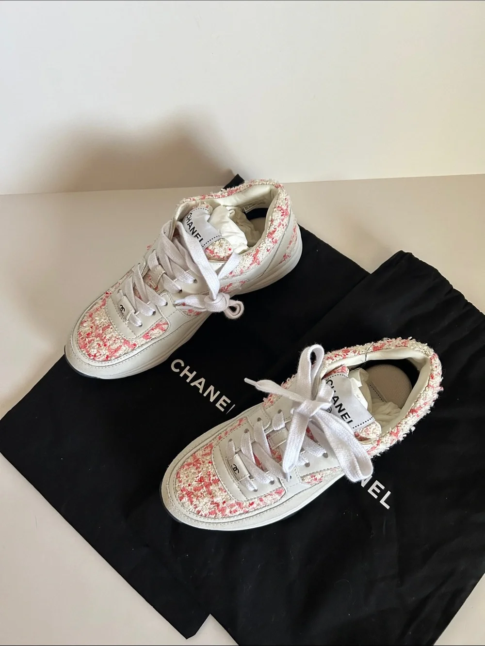 CHANEL White & Pink Tweed Runner Sneakers - Women's Luxe Trainers